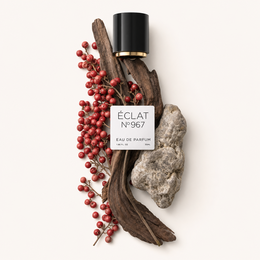 Un arrangement de baies rouges, de morceaux de bois séchés et d'une pierre grise texturée, avec un bouchon noir et une étiquette ÉCLAT sur le dessus.