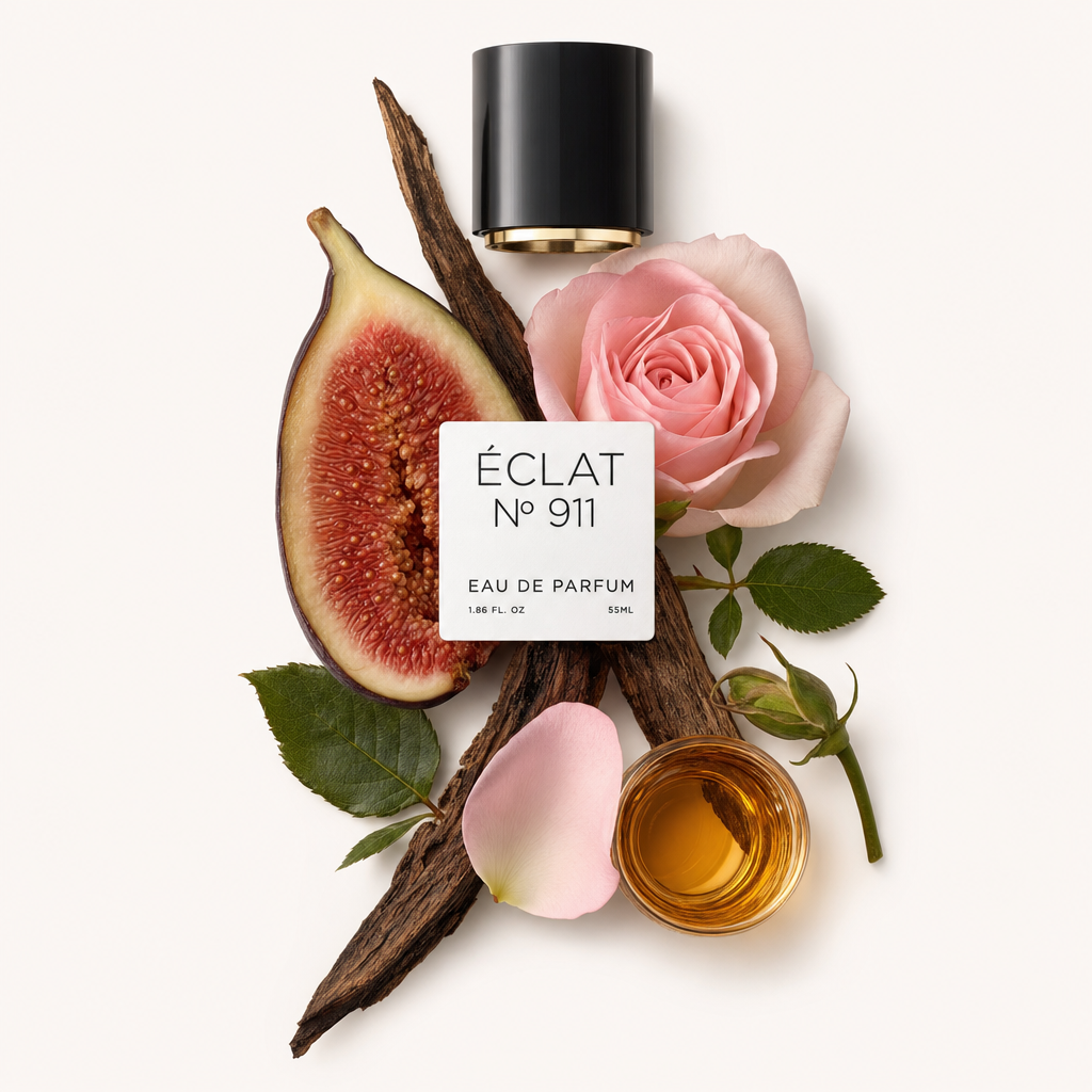 Un arrangement de figue, rose et ingrédients de whisky avec un capuchon noir au sommet affichant l'étiquette ÉCLAT 911.