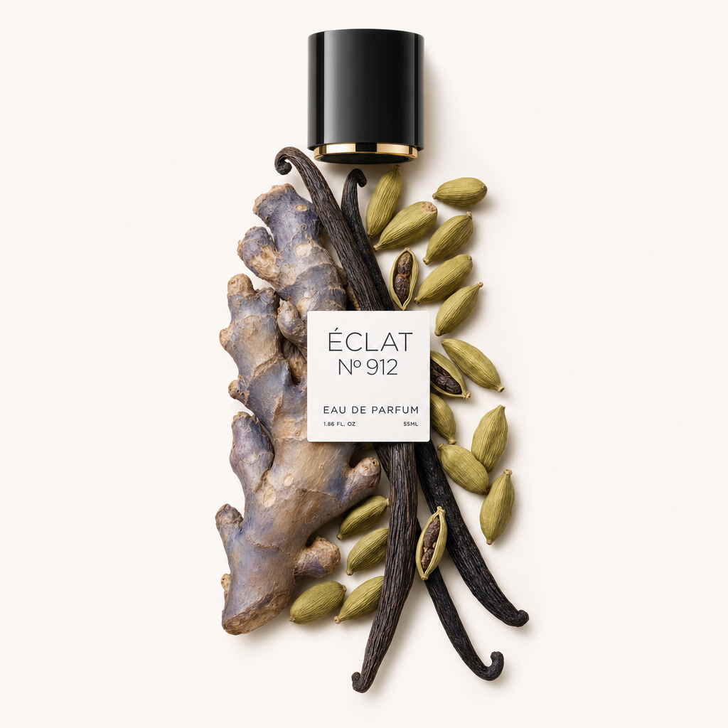 Une nature morte méticuleusement arrangée de gousses de vanille, de capsules de cardamome et de racine de gingembre, avec un capuchon noir visible et une étiquette d'ÉCLAT VIP - Spicy Blue Ginger.