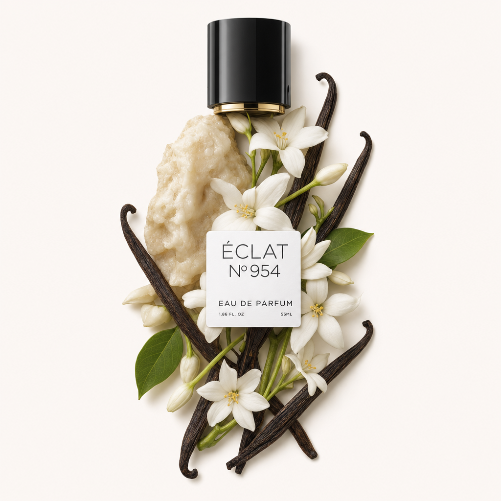 Un arreglo de vainas de vainilla, flores blancas y una resina beige pálida alrededor de una tapa negra de ÉCLAT - Warm Musk.