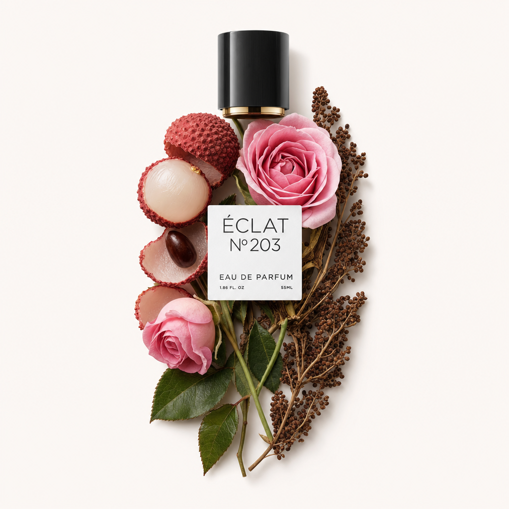 Un arreglo de lichis, rosas rosadas y semillas marrones rodea la tapa negra original de ÉCLAT con etiqueta.