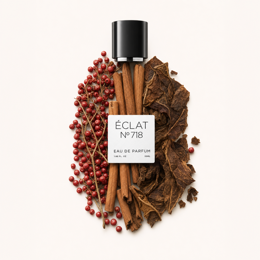 Une nature morte soigneusement agencée avec les ingrédients du parfum ÉCLAT Warm Spices, comprenant des bâtons de cannelle, des baies de poivre rouge et des feuilles de tabac avec le bouchon noir original et une étiquette carrée.