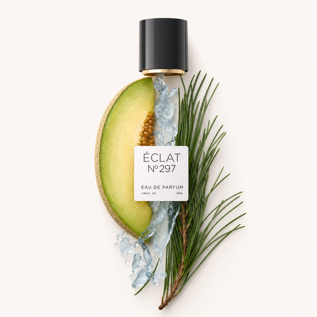 An artistic arrangement features a slice of watermelon, pine branches, water droplets, and a black cap with ÉCLAT label on a soft background.