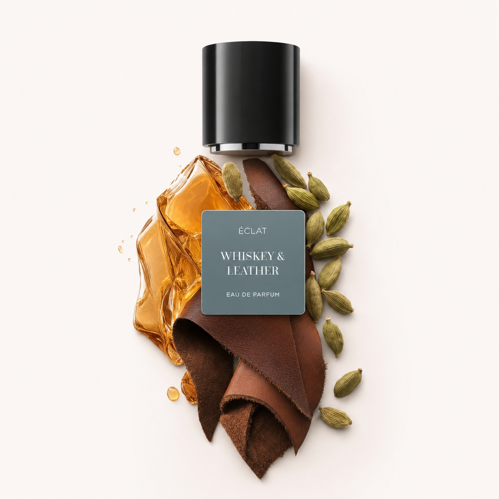 Un arrangement de gouttes de whisky, de lanières de cuir et de gousses de cardamome entoure un bouchon noir avec l'étiquette ÉCLAT Whiskey & Leather.