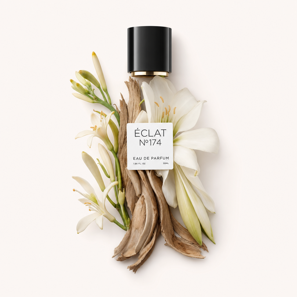 Un arrangement de fleurs d'amaryllis blanc et de nénuphar avec des morceaux de bois flotté entoure un bouchon noir avec une étiquette pour ÉCLAT White Amaryllis & Water Lily.