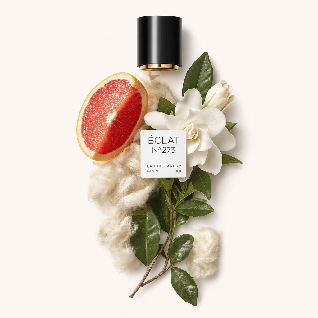 Un arrangement de moitié de pamplemousse, fleurs blanches et feuilles vertes entoure un capuchon noir à accent doré, étiqueté ÉCLAT White Blossoms & Grapefruit.