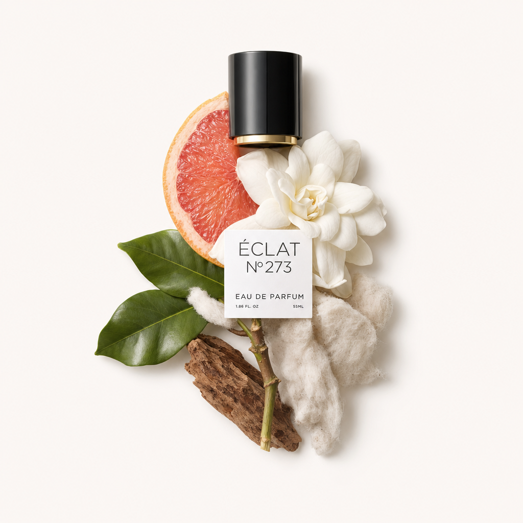 Ett arrangemang av grapefruktskiva, vita blommor, gröna blad och bark, med en svart keps med en etikett för ÉCLAT White Blossoms & Grapefruit.