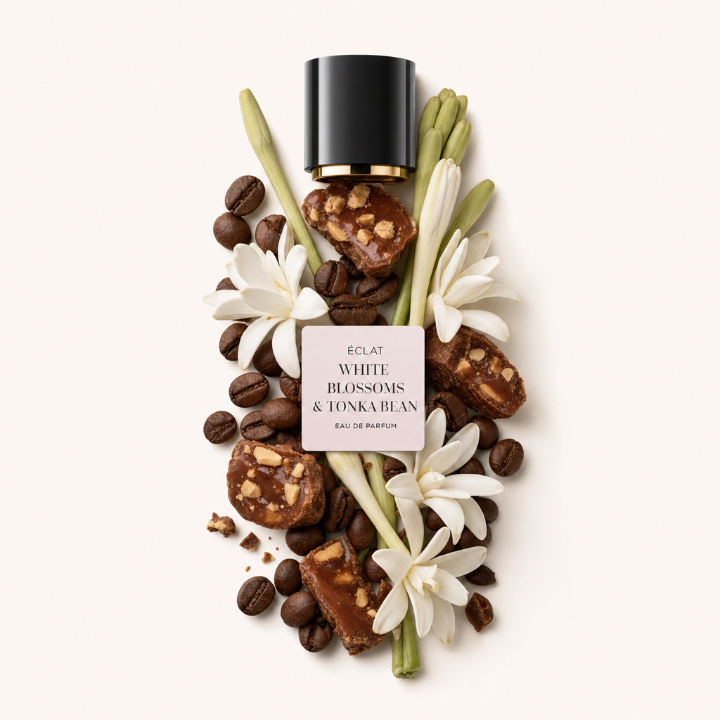 Un arrangement de fleurs blanches, grains de café et douceurs couleur caramel entoure un capuchon noir avec l'étiquette ÉCLAT White Blossoms & Tonka Bean.
