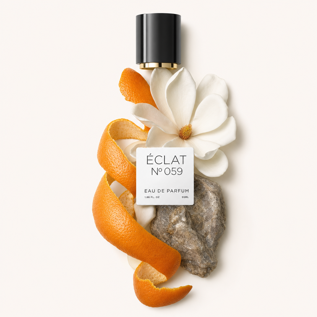 An arrangement of white daffodil petals, orange peel spirals, and a rough stone surrounding a black cap with a label for ÉCLAT VIP - White Daffodil.