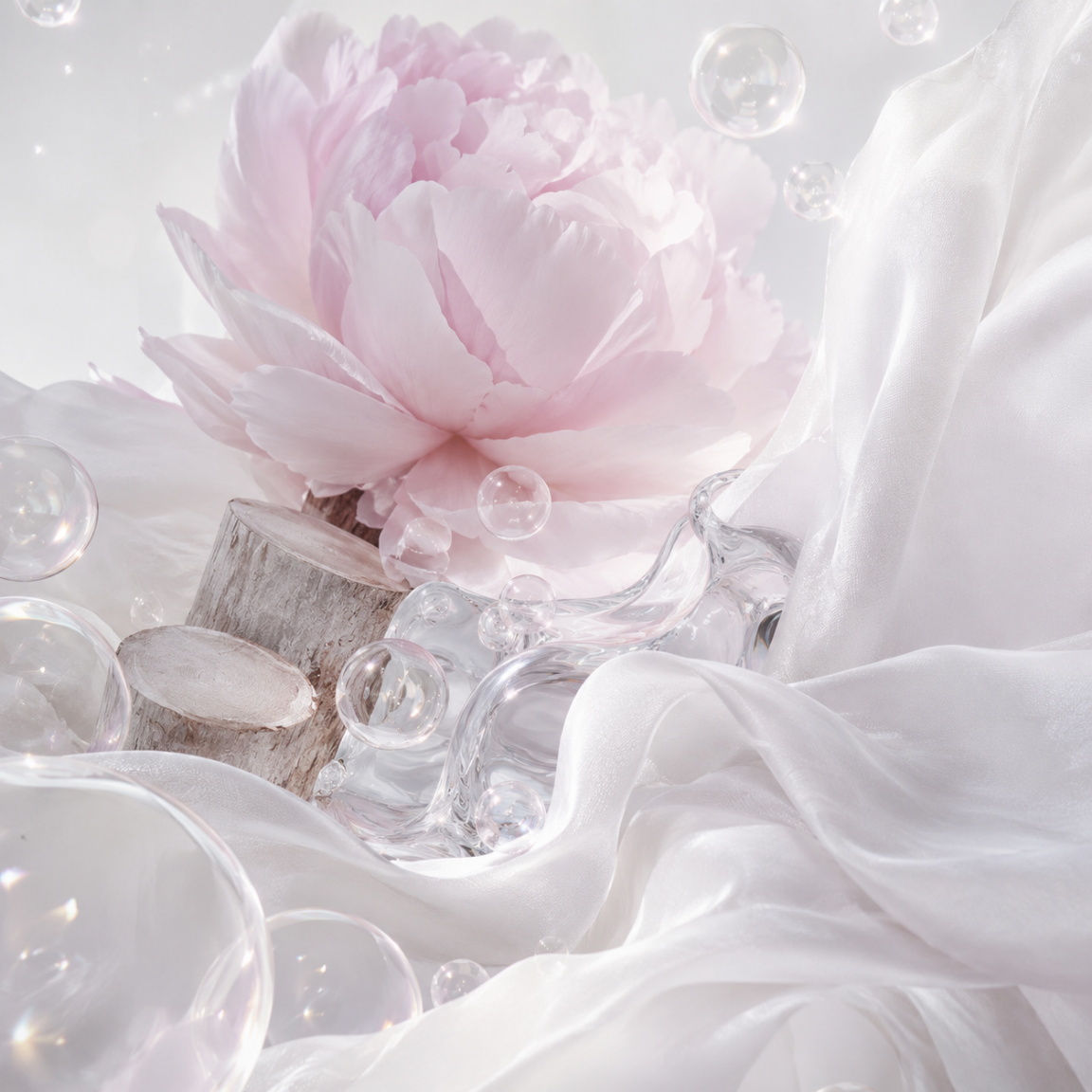 A delicate pink peony rests atop a smooth wooden piece, surrounded by translucent bubbles on a soft white silk fabric.