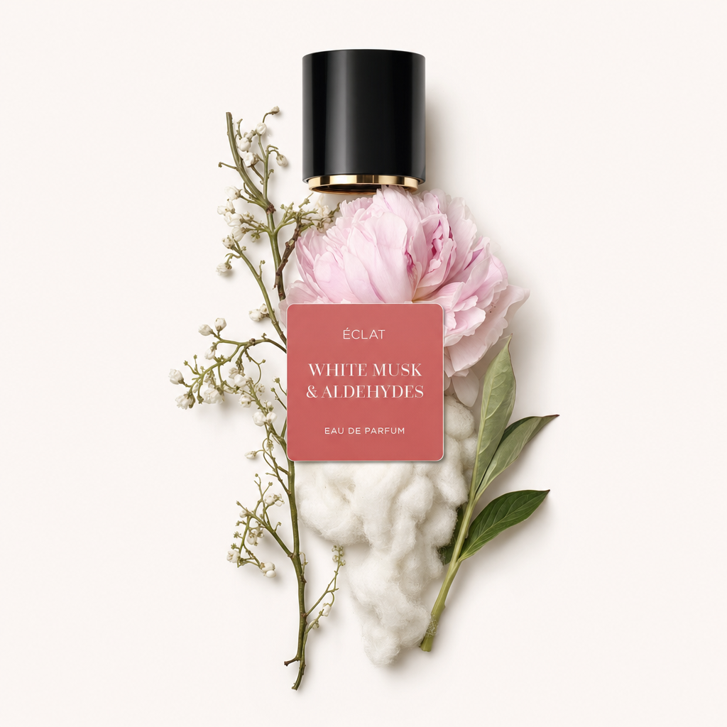 A serene arrangement featuring a pink peony, soft cotton clouds, and delicate white blossoms beneath a black cap labeled ÉCLAT White Musk & Aldehydes.