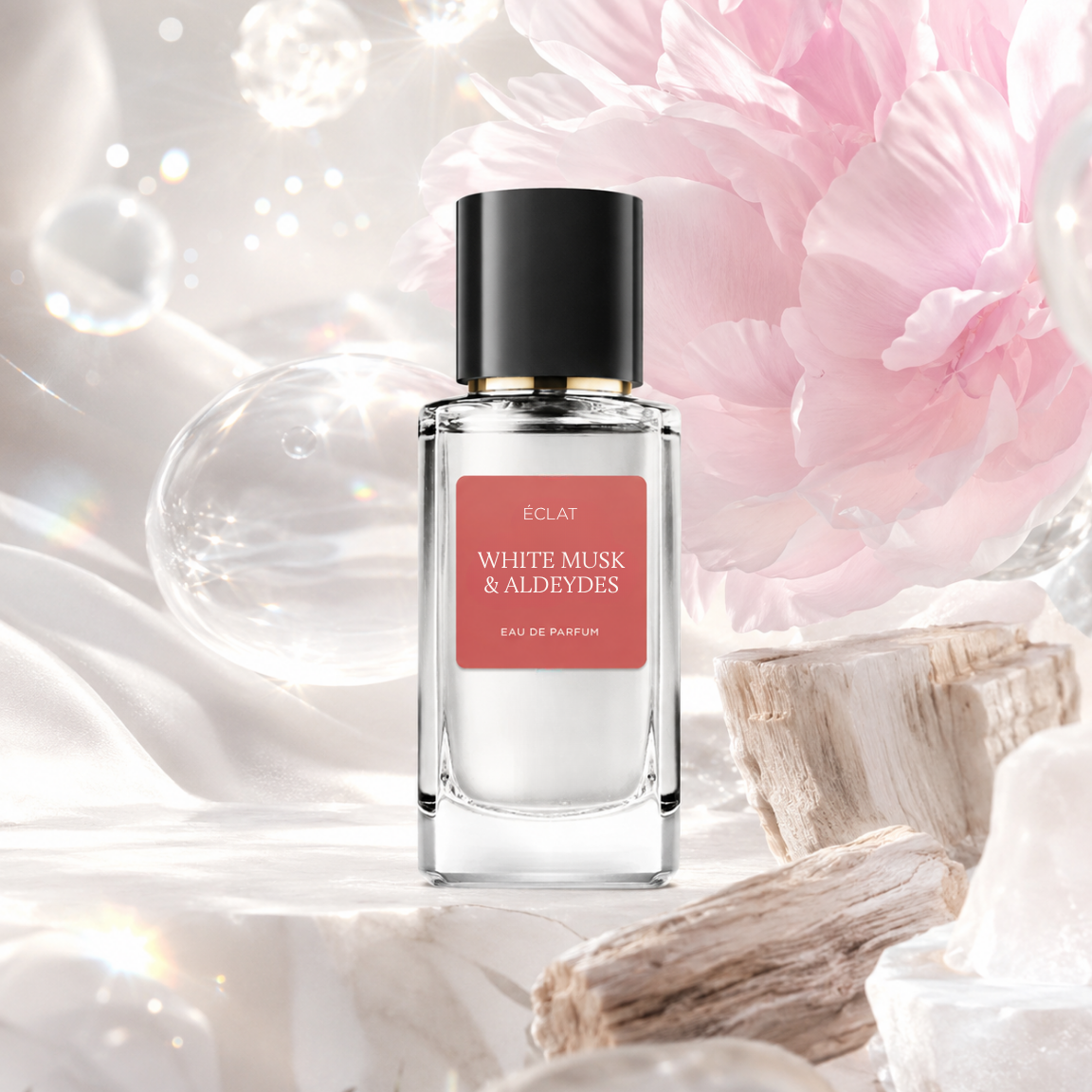 Faceted glass bottle of ÉCLAT White Musk & Aldehydes with a black cap, set against a backdrop of soft pink petals and white textures.