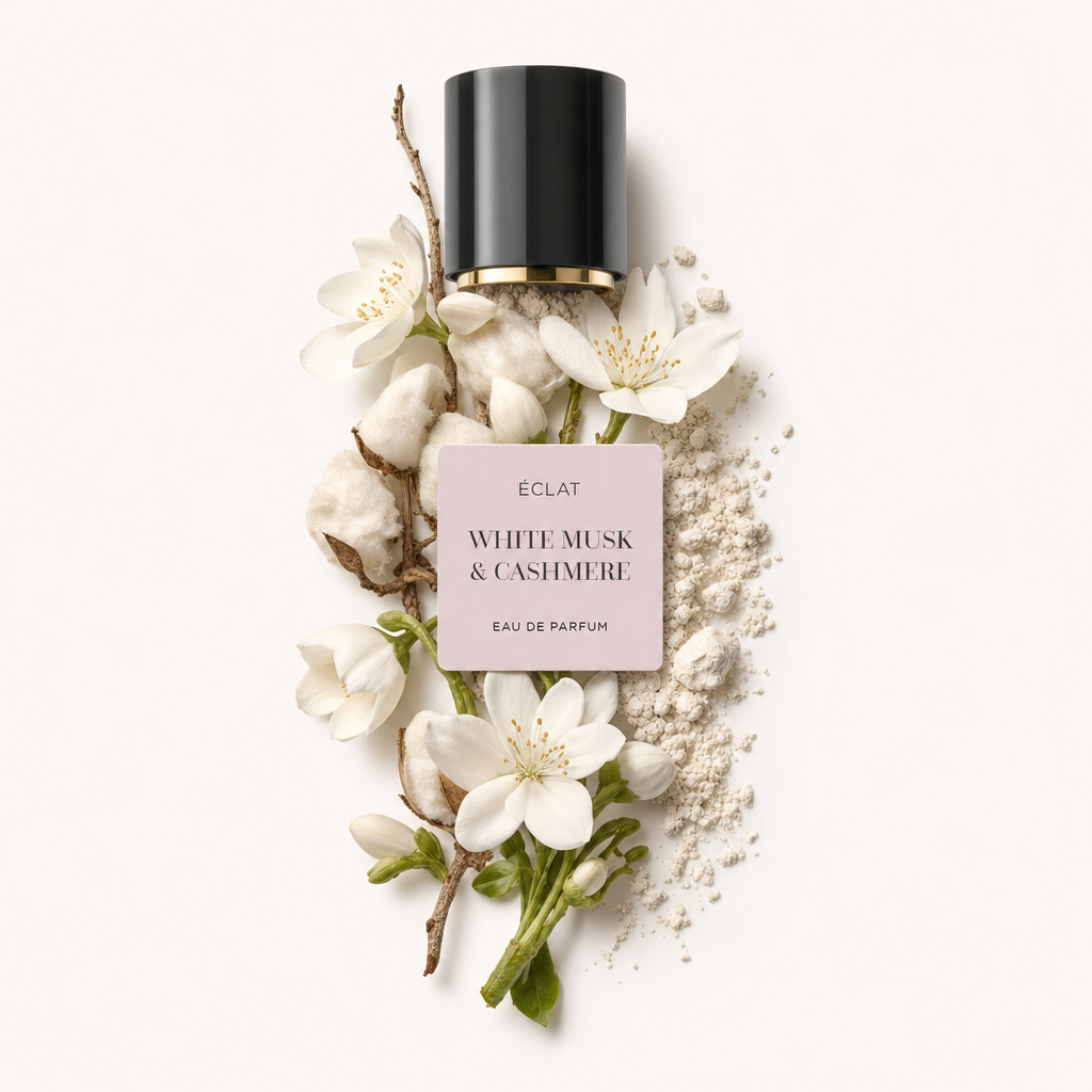 Un arrangement de fleurs blanches délicates, de capsules de coton et de poudre fine entoure l'étiquette ÉCLAT White Musk & Cashmere sous un capuchon noir avec un accent doré.