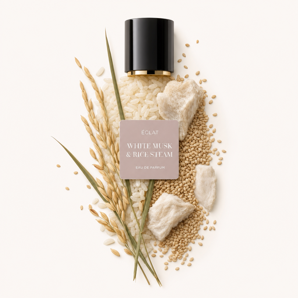 An artful arrangement of rice grains, fluffy musk pieces, and cereal grains surrounds a black cap with a label reading ÉCLAT White Musk & Rice Steam.