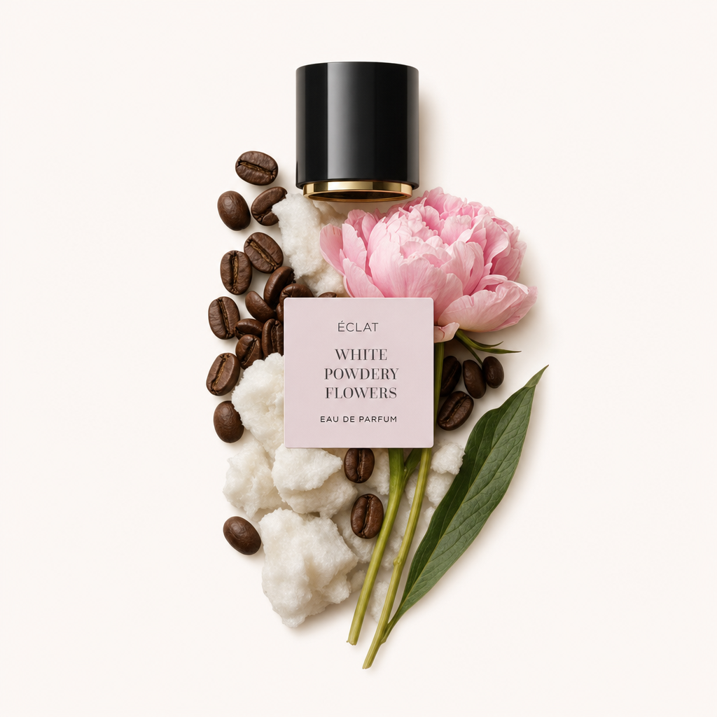 Un arrangement de coton, grains de café et une pivoine rose à côté d'un capuchon noir avec une étiquette indiquant ÉCLAT White Powdery Flowers.