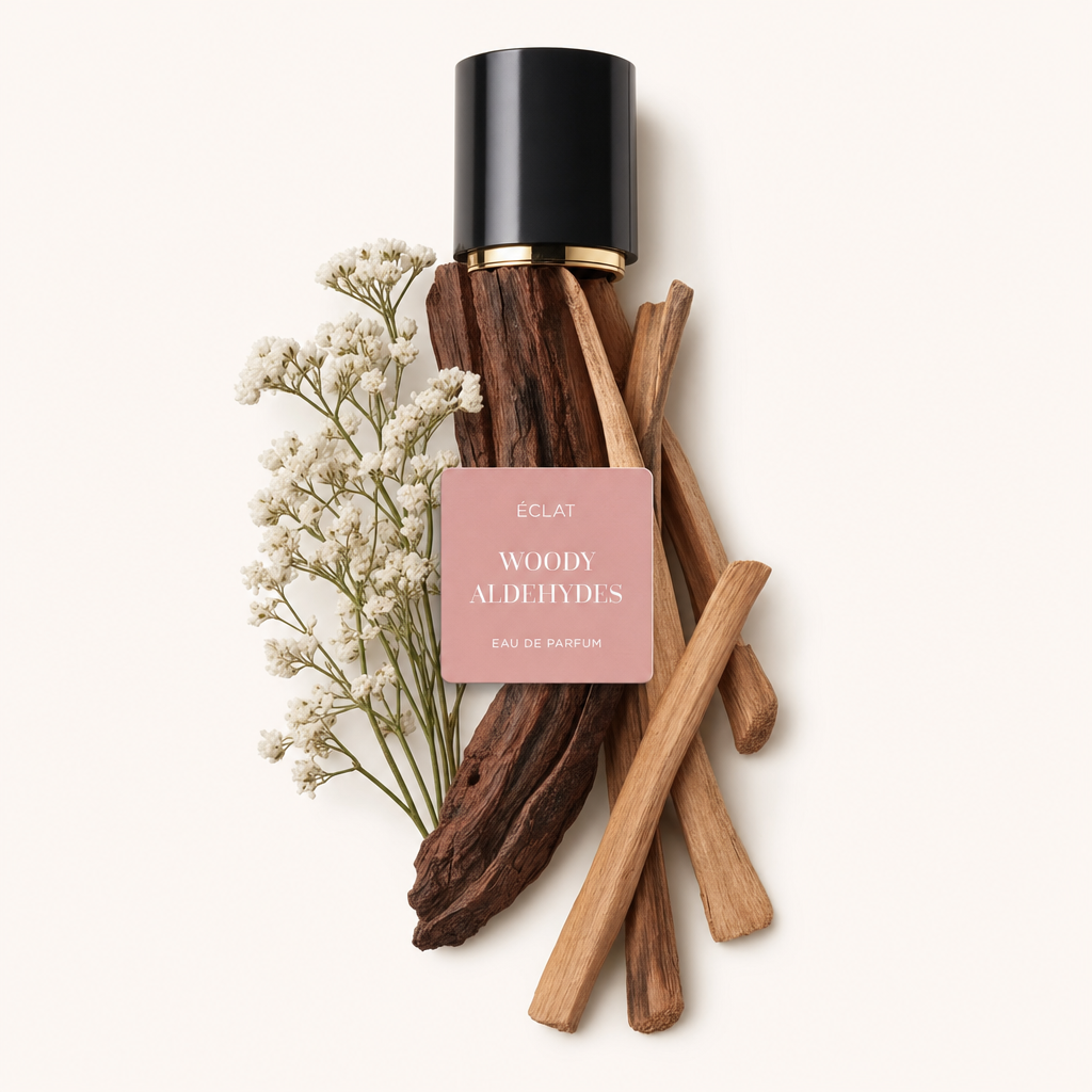 Un arrangement de fleurs blanches et de bâtons de bois, mettant en valeur l'étiquette ÉCLAT Woody Aldehydes sur un bouchon noir à bord doré.