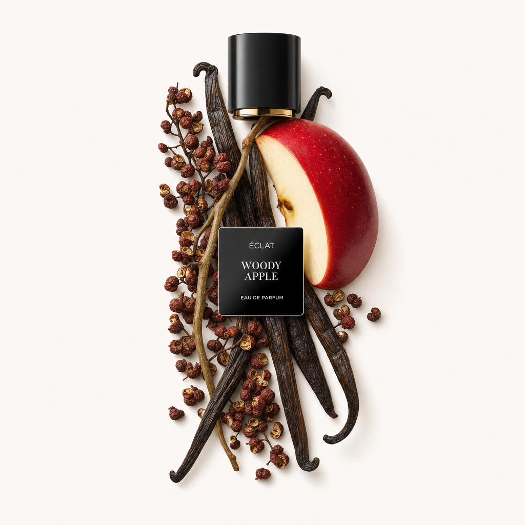 Un arrangement comprenant une tranche de pomme rouge, des gousses de vanille et des baies d'épices entoure un bouchon noir avec une étiquette pour ÉCLAT Woody Apple.