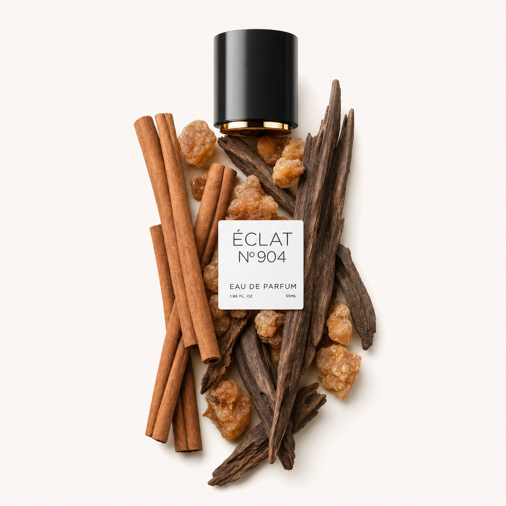 Un arreglo de ramas de canela, racimos de resina de benjuí y piezas de madera oscura alrededor de una tapa negra con un acento dorado etiquetada ÉCLAT 904 VIP.