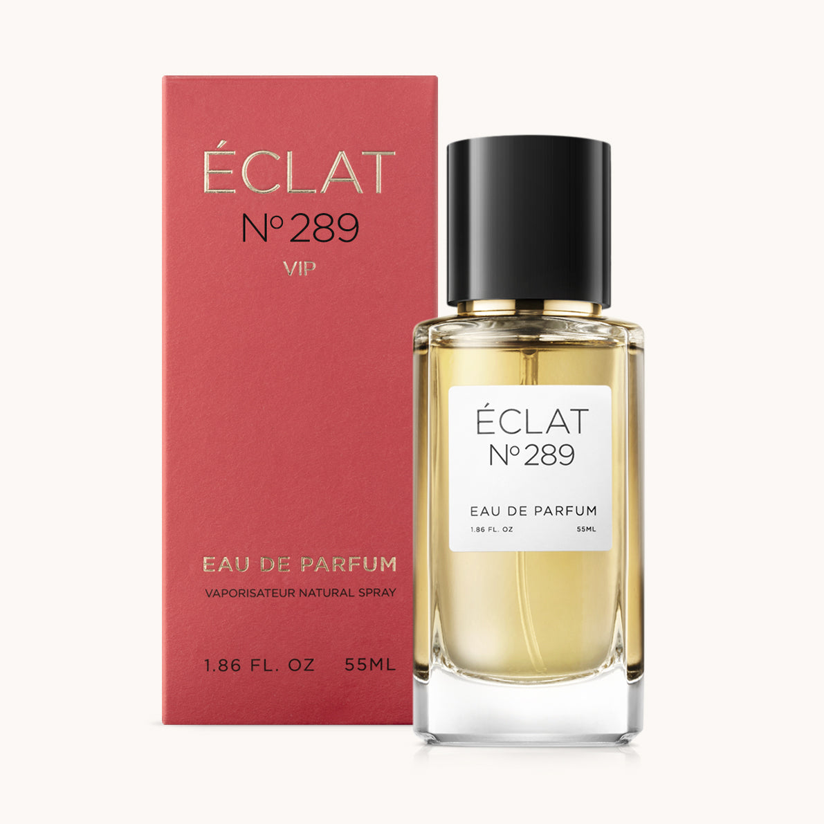Flacon en verre ÉCLAT VIP Woody Blackcurrant avec un capuchon noir, accompagné d'une boîte rouge.
