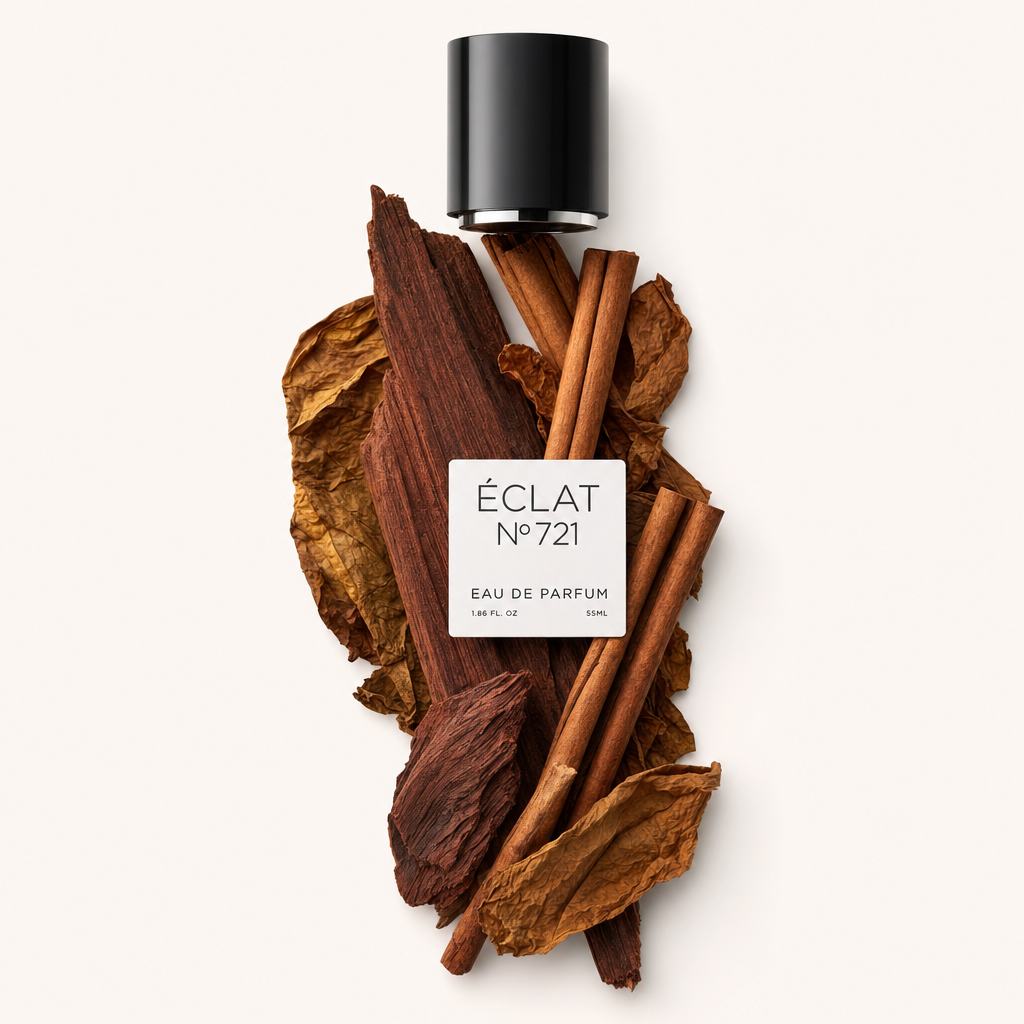 Un arrangement de bâtons de cannelle et de feuilles de tabac séchées est élégamment disposé sous un capuchon noir avec étiquette ÉCLAT.