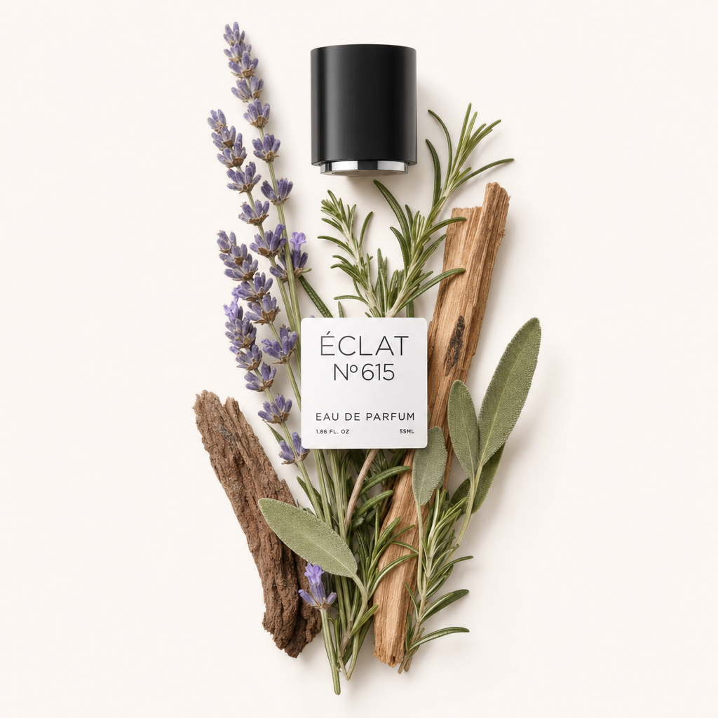 A blend of woody herbs featuring lavender and sage surrounds a black cap with ÉCLAT label.