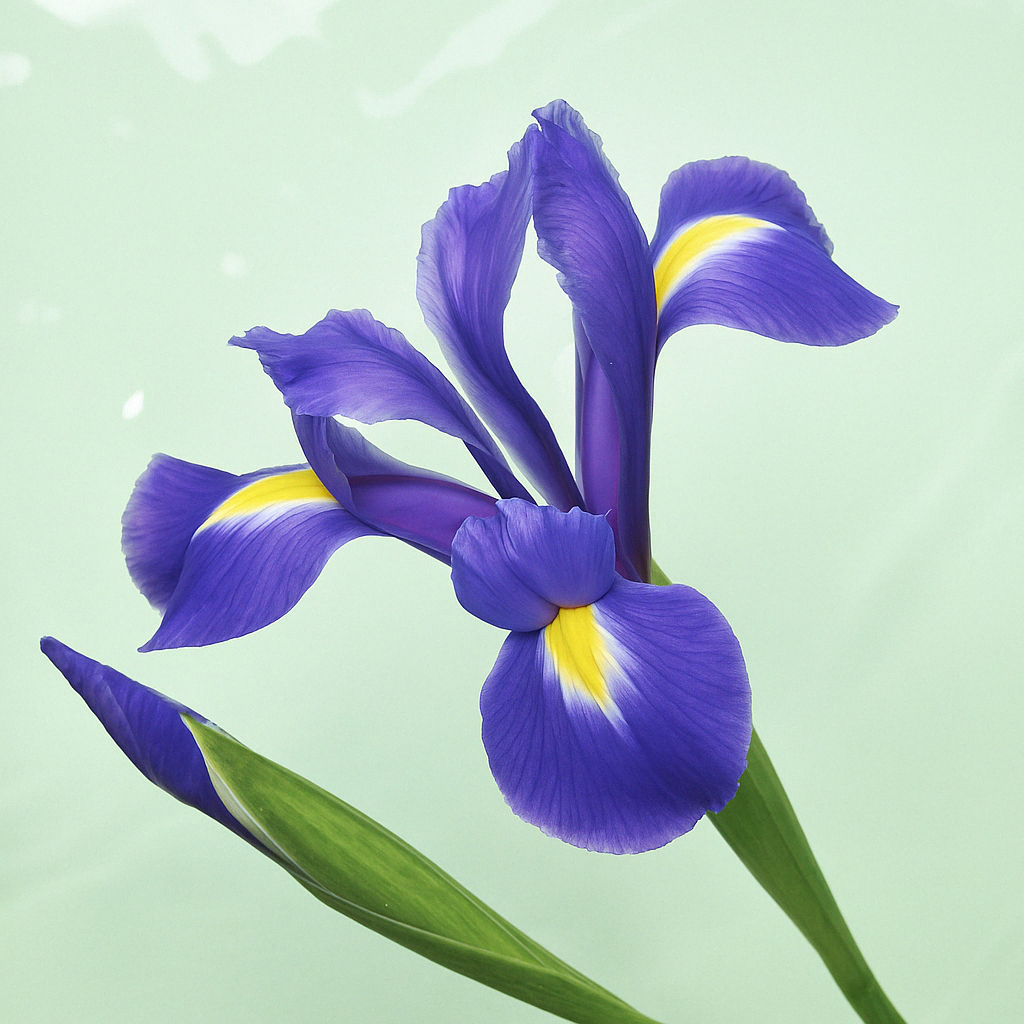 Gros plan d'une fleur d'iris violette avec des feuilles vertes sur un fond vert doux.