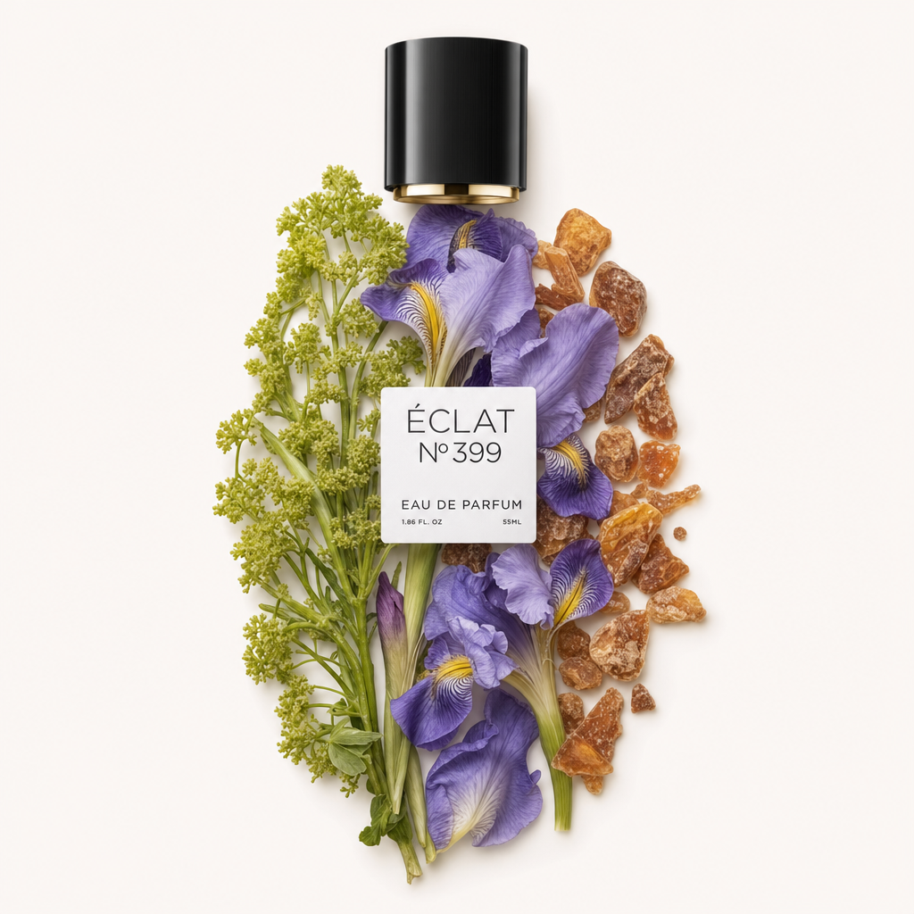 Un arrangement de fleurs vertes, d'iris violettes et de cristaux d'ambre entoure un bouchon noir avec une étiquette ÉCLAT Woody Iris.