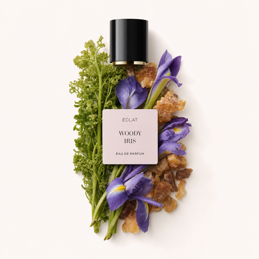 Un arrangement d'iris violets vibrants et de feuillage vert avec des morceaux de résine ambrée entoure le capuchon noir original étiqueté pour ÉCLAT Woody Iris.