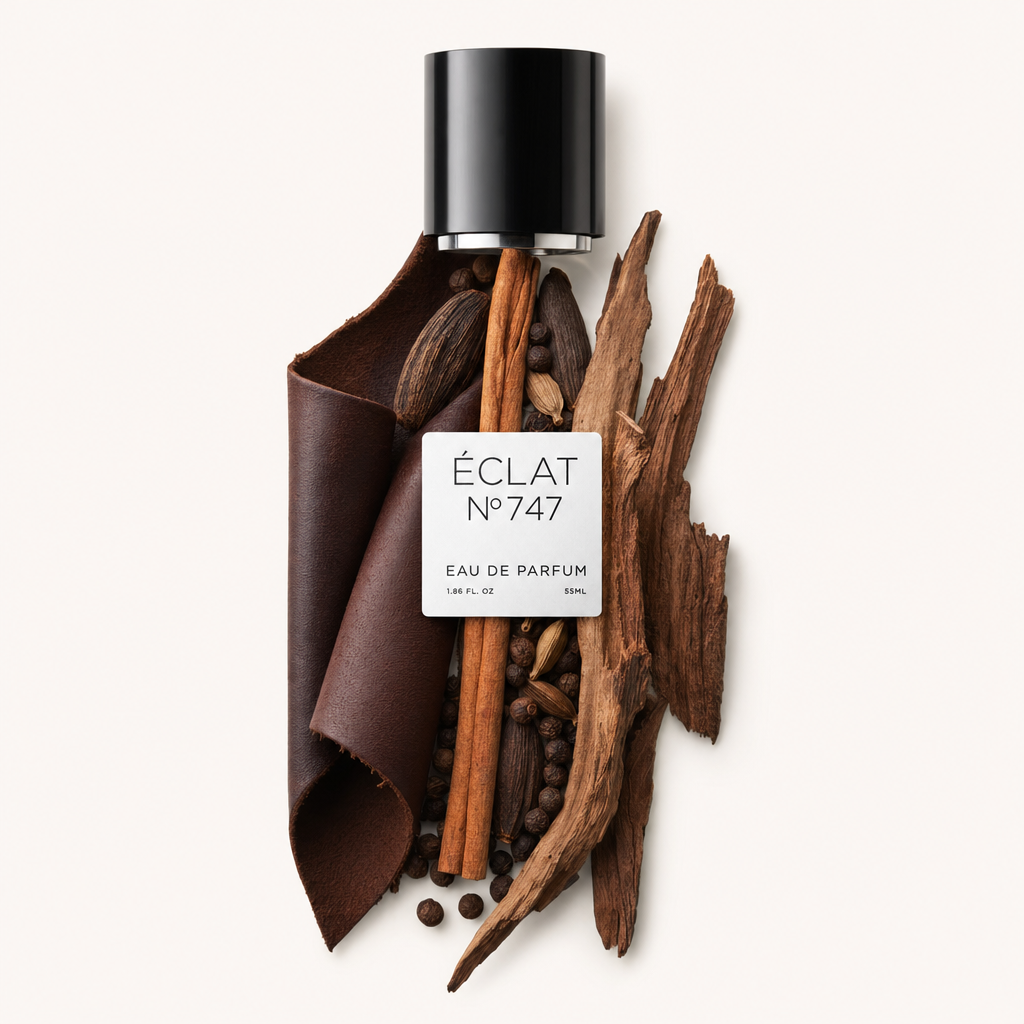 An arrangement of cinnamon sticks, black pepper, pieces of leather, and wood surrounds a black cap with ÉCLAT 747 label.
