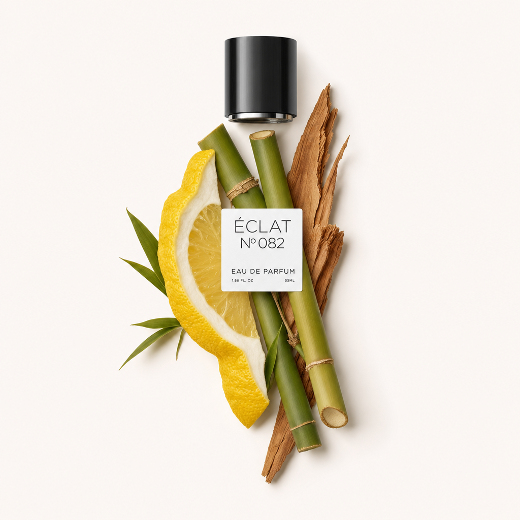 Un arrangement de tranche de citron, bambou vert et copeaux de bois entoure un bouchon noir avec étiquette ÉCLAT, mettant en valeur les ingrédients du parfum.