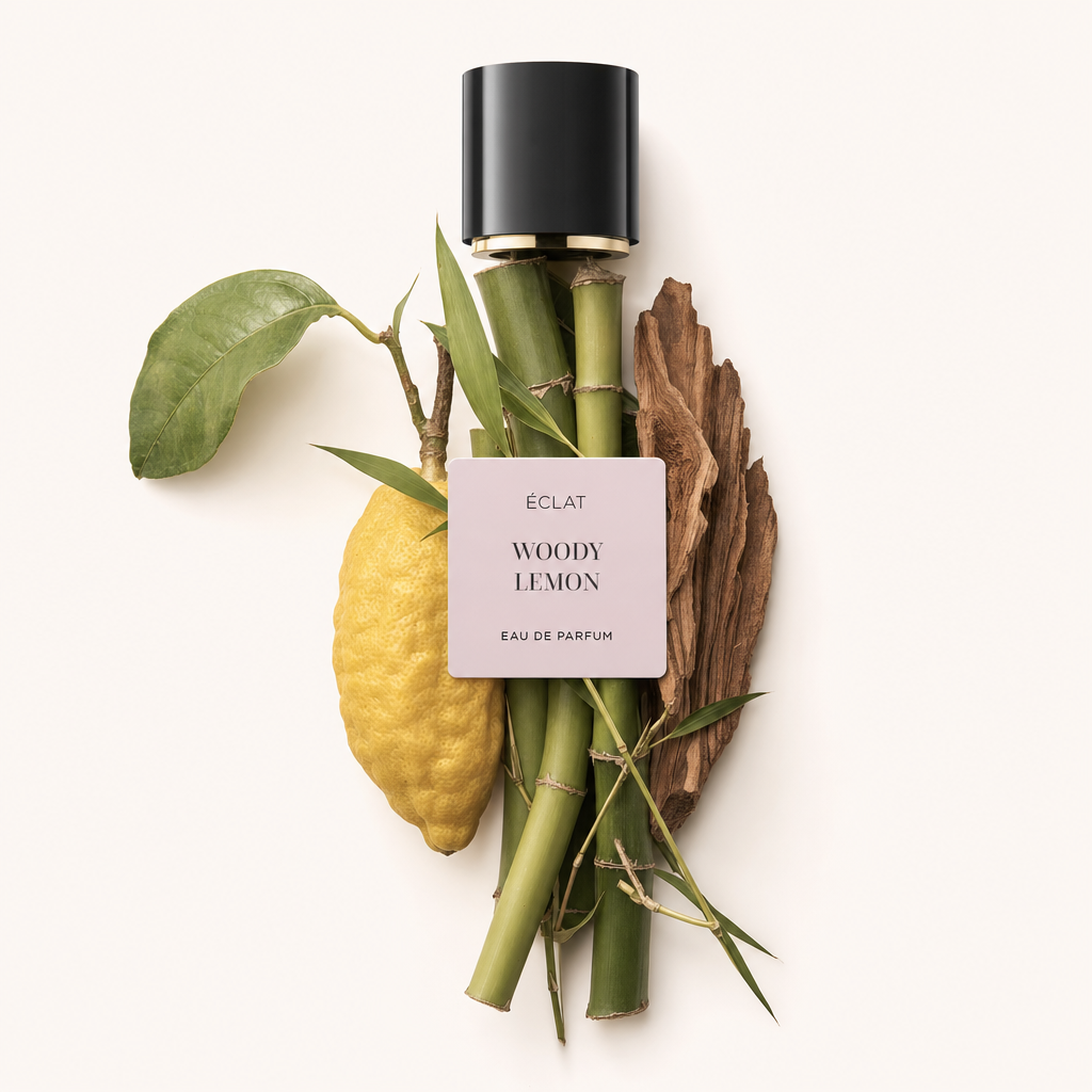 An arrangement of bamboo, a lemon with leaves, and wood pieces surrounding the original black cap with label for ÉCLAT Woody Lemon.