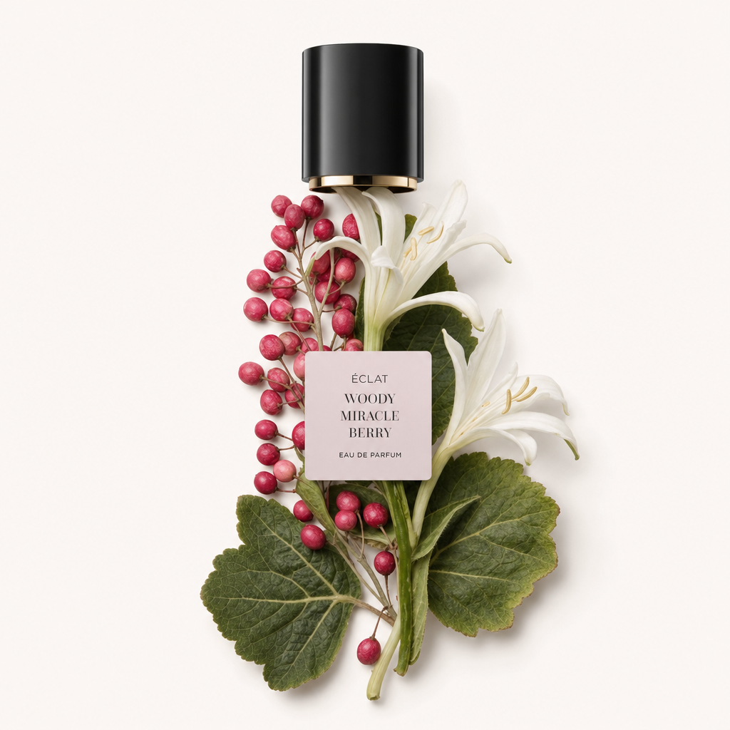 Un arrangement artistique de baies roses, de lys blancs et de feuilles vertes entourant le capuchon noir original avec une étiquette de ÉCLAT Woody Miracle Berry.