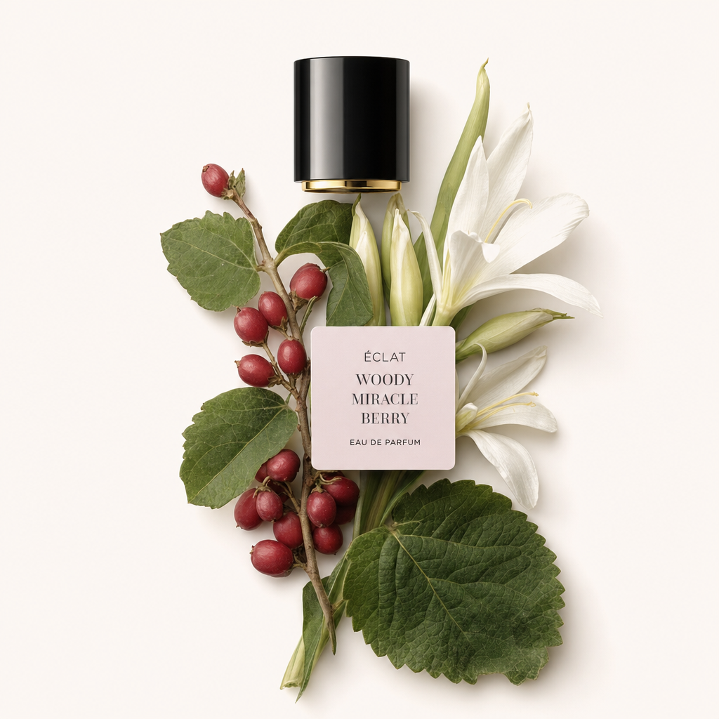 Ett arrangemang av gröna blad, röda bär och vita blommor med en svart lock av ÉCLAT Woody Miracle Berry.