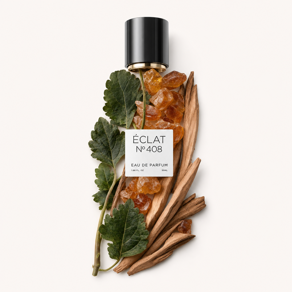 Um elegante arranjo de folhas verdes e pedras de âmbar com paus de madeira envolve a tampa preta original com etiqueta para ÉCLAT Woody Patchouli.