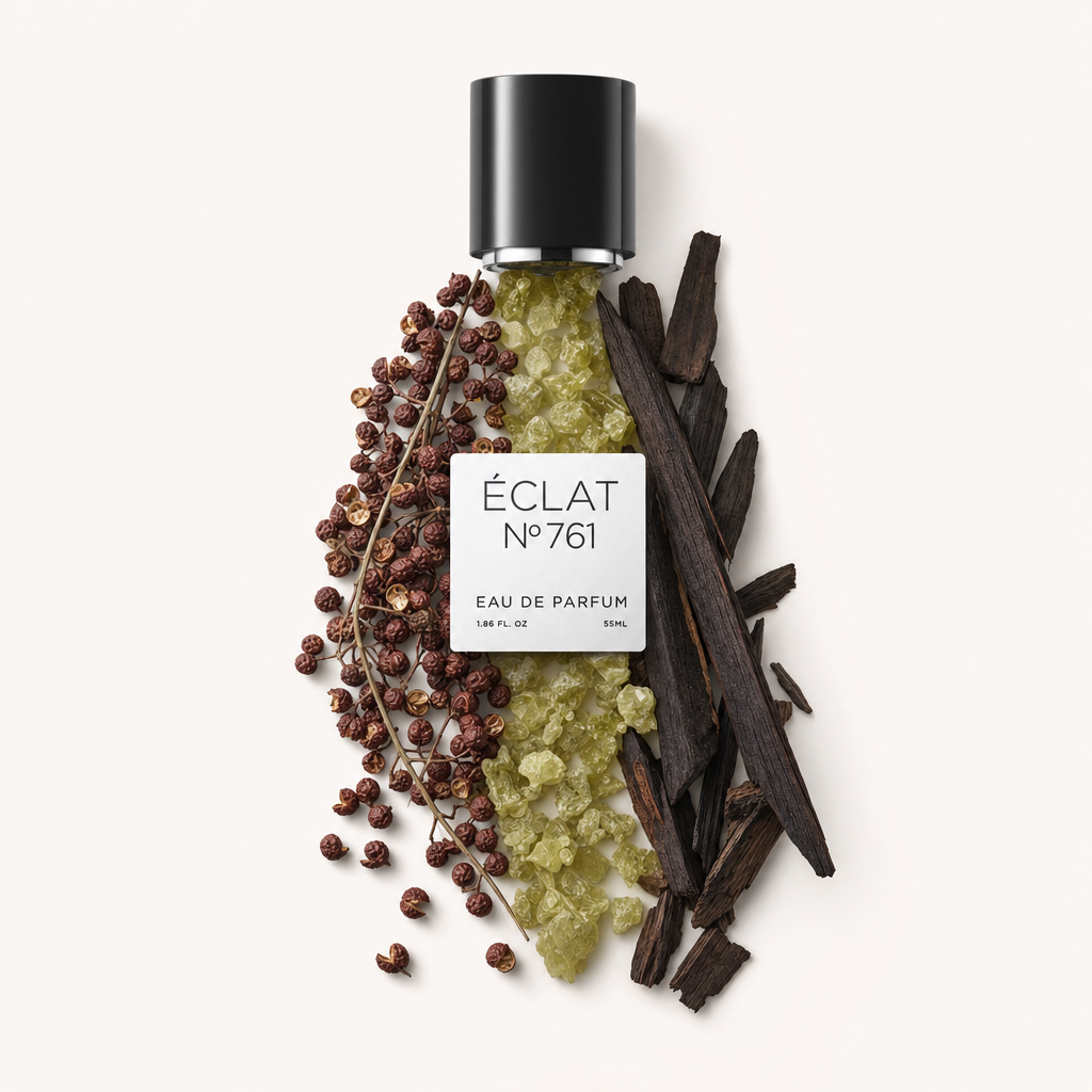 An arrangement of woody pepper ingredients with ÉCLAT’s black cap and label. Peppercorns, resin crystals, and dark wood are elegantly displayed.