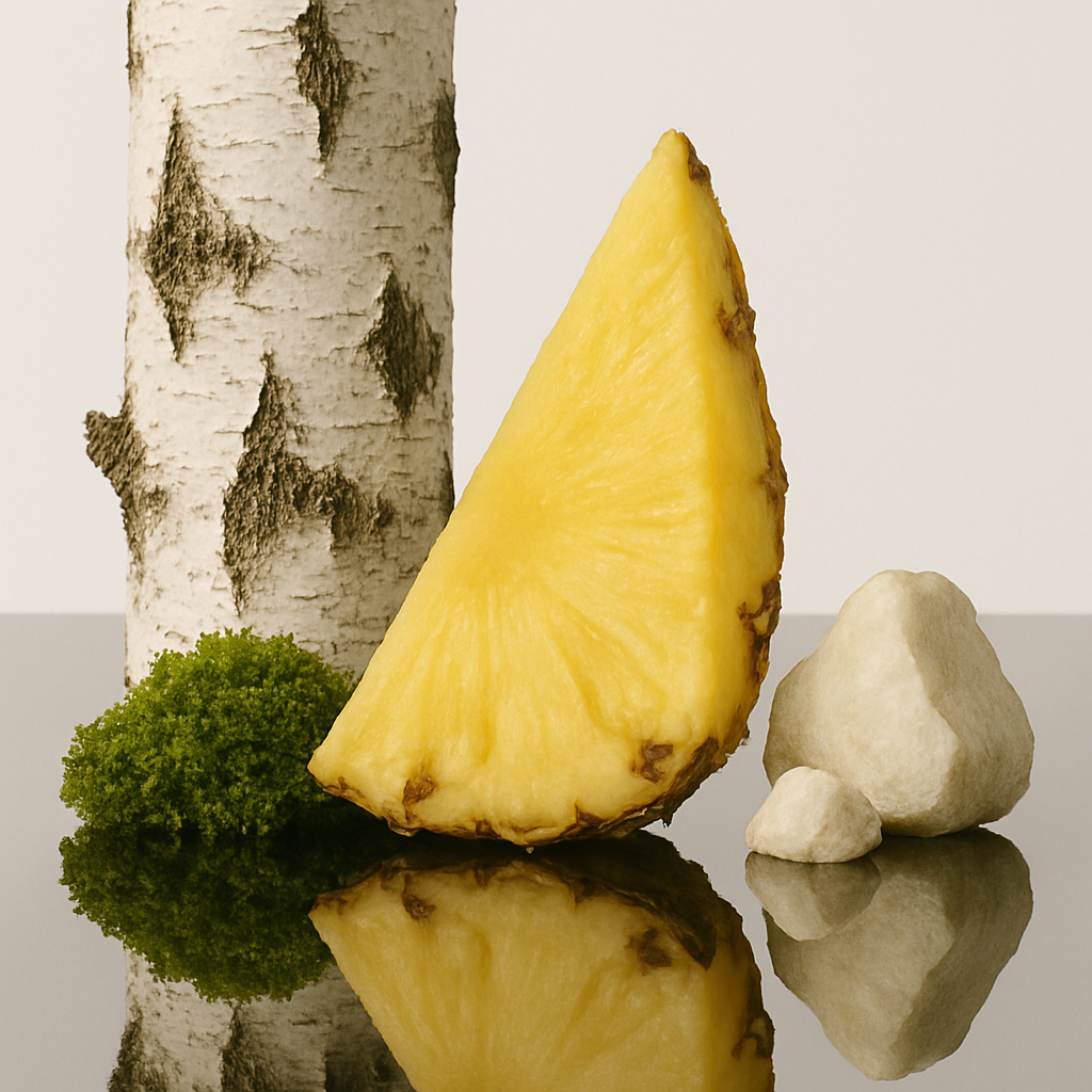 Una rodaja de piña junto a corteza de árbol con musgo verde y piedras blancas sobre una superficie reflectante.