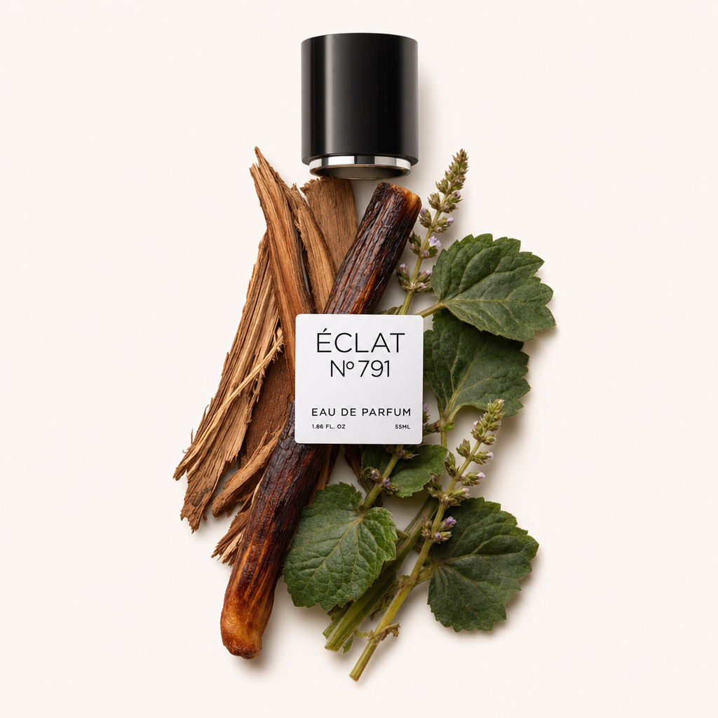 A composition of fragrance ingredients featuring wood chips, a vanilla pod, and green leaves, with a black cap and label for ÉCLAT VIP - Woody Rum.