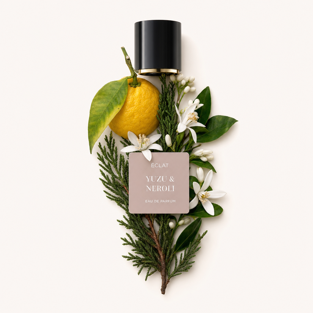 A thoughtfully arranged still life of ÉCLAT Yuzu & Neroli ingredients featuring a whole yuzu fruit, white neroli blossoms, green leaves, and a black cap with an elegant label.