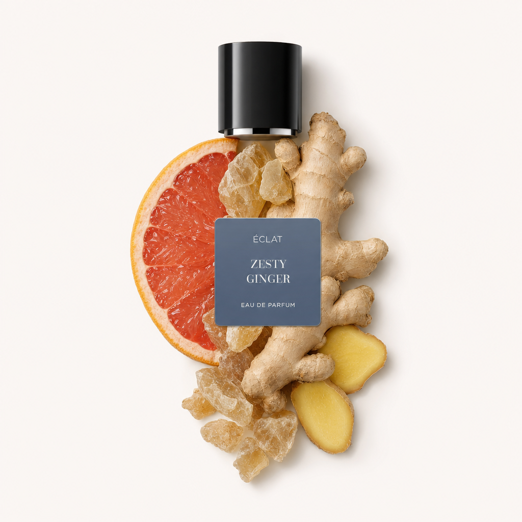 An arrangement of grapefruit, ginger root slices, and sugar crystals with a black cap on top, labeled ÉCLAT Zesty Ginger.