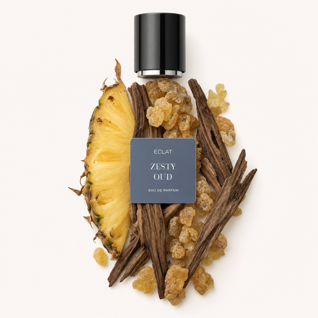 Arrangement de tranche d'ananas, morceaux de bois d'oud et résine, avec une étiquette ÉCLAT Zesty Oud sur un capuchon noir en haut.